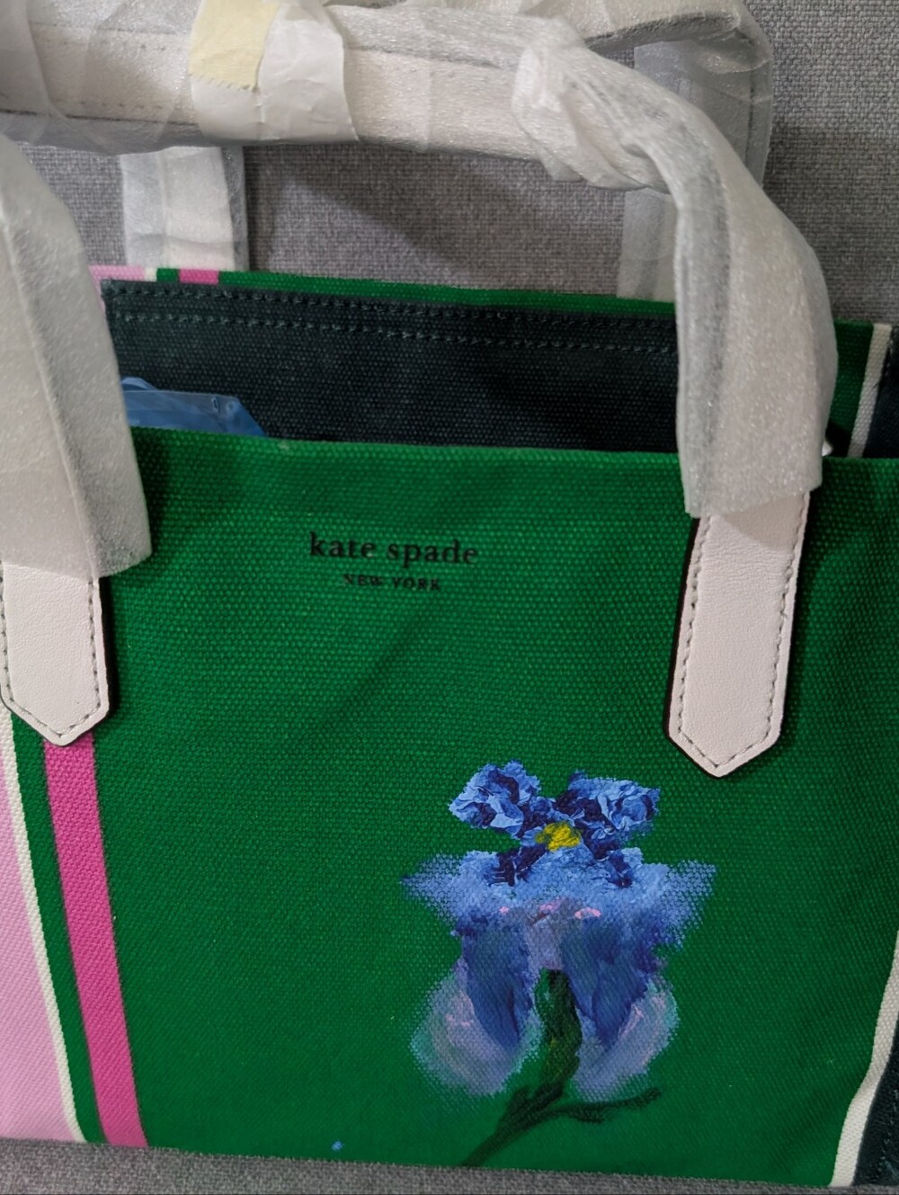 Kate Spade Hand Painted Blue Iris Floral Green canvas&Pink Stripe Tote Bag NWT